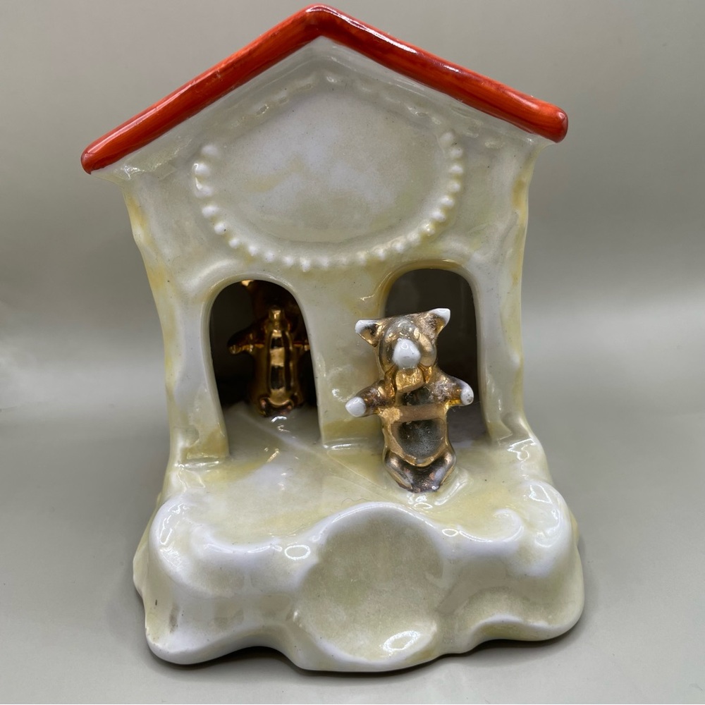 Antique 1900s German Fairing Pigs in Music Box with Gold Accents